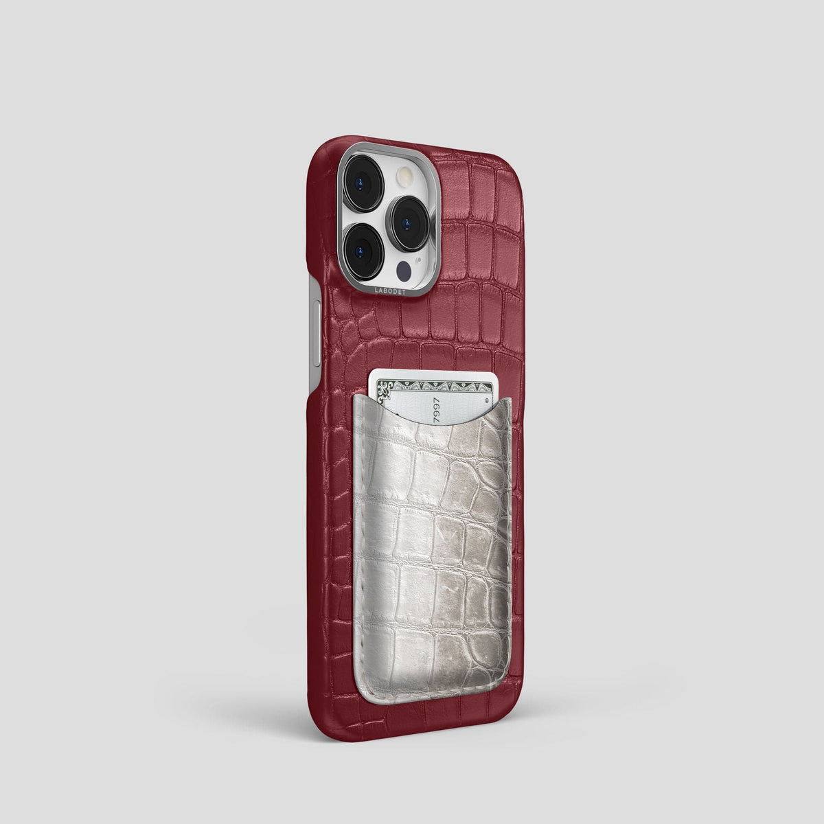 Burgundy iPhone 15 Pro Double Card Case Alligator & Himalayan Crocodile with Steel Metal -2 | Burgundy-Steel