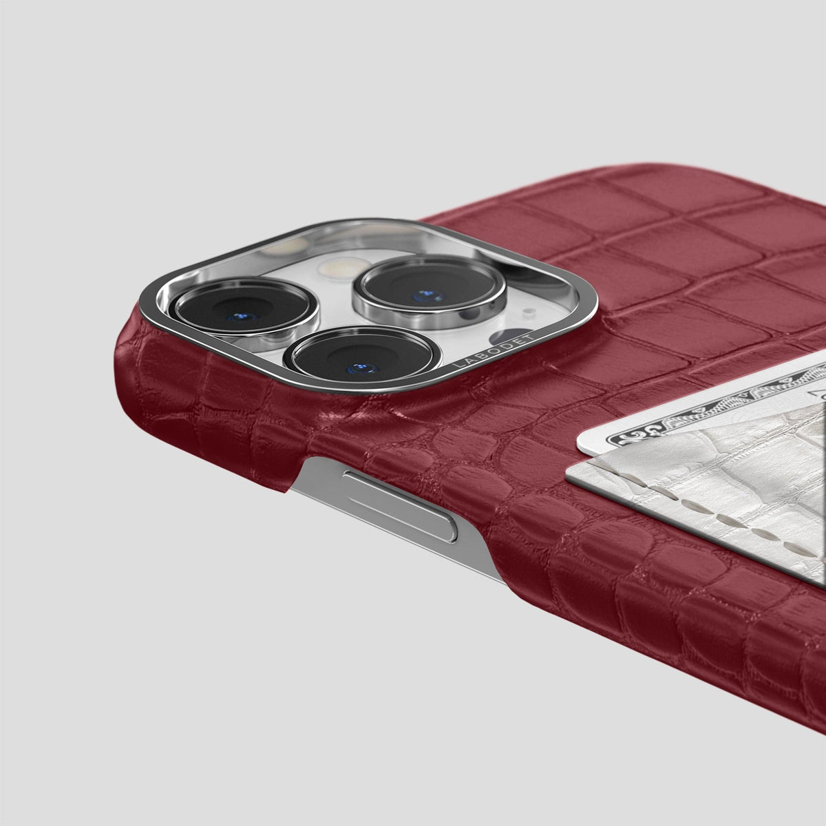Burgundy iPhone 15 Pro Double Card Case Alligator & Himalayan Crocodile with Steel Metal -5 | Burgundy-Steel