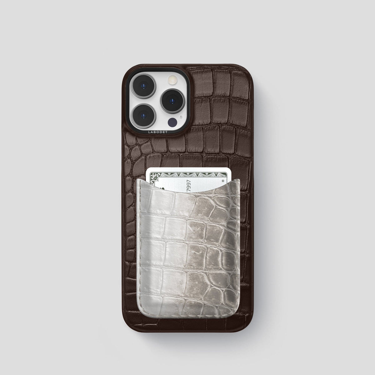 Dark-Brown iPhone 15 Pro Double Card Case Alligator & Himalayan Crocodile with Black Metal -1 | Dark-Brown-Black