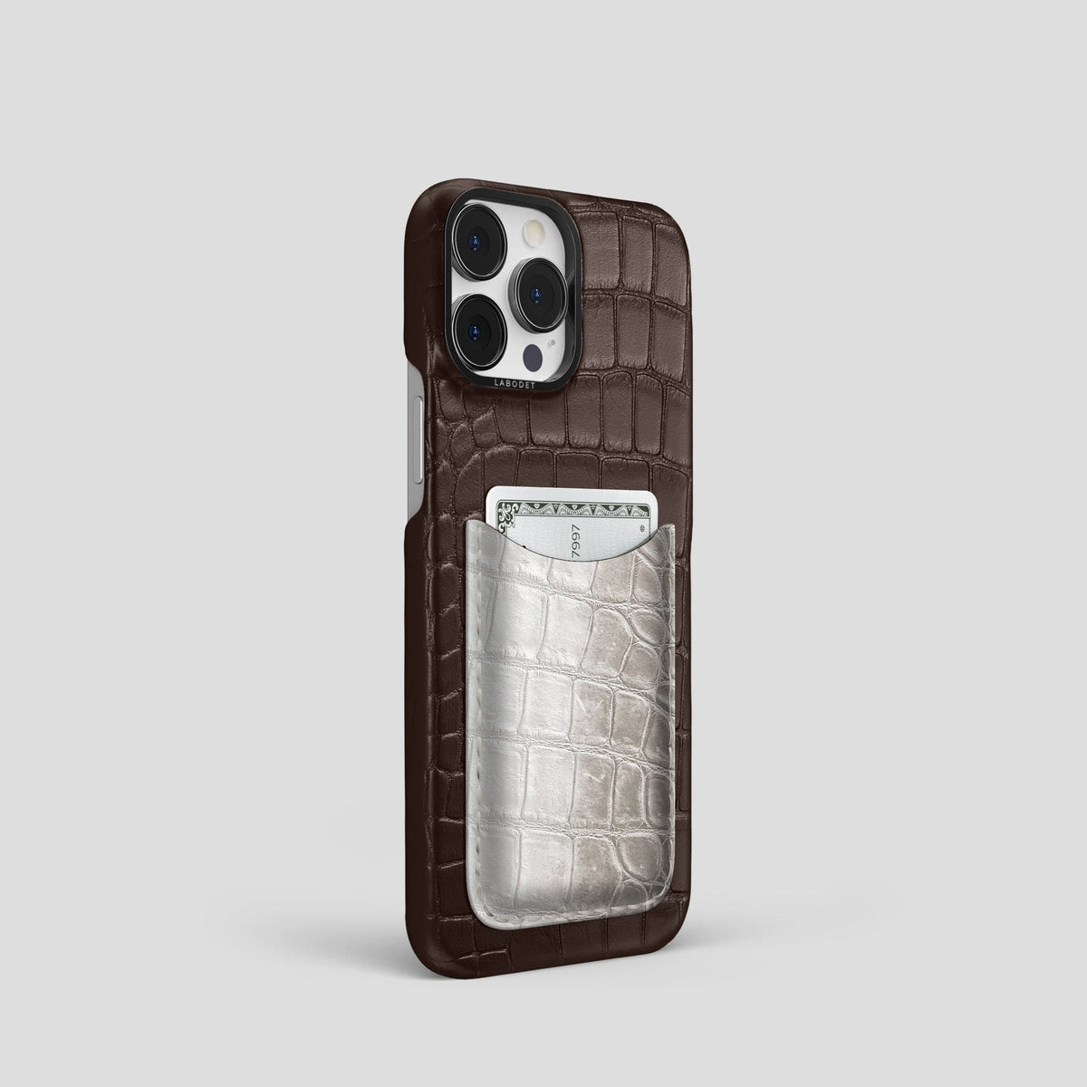 Dark-Brown iPhone 15 Pro Double Card Case Alligator & Himalayan Crocodile with Black Metal -2 | Dark-Brown-Black