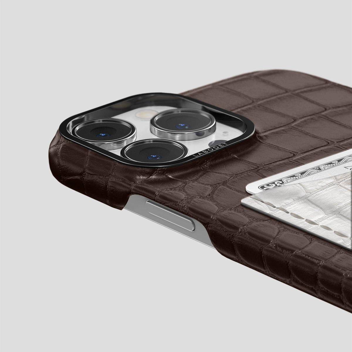 Dark-Brown iPhone 15 Pro Double Card Case Alligator & Himalayan Crocodile with Black Metal -5 | Dark-Brown-Black