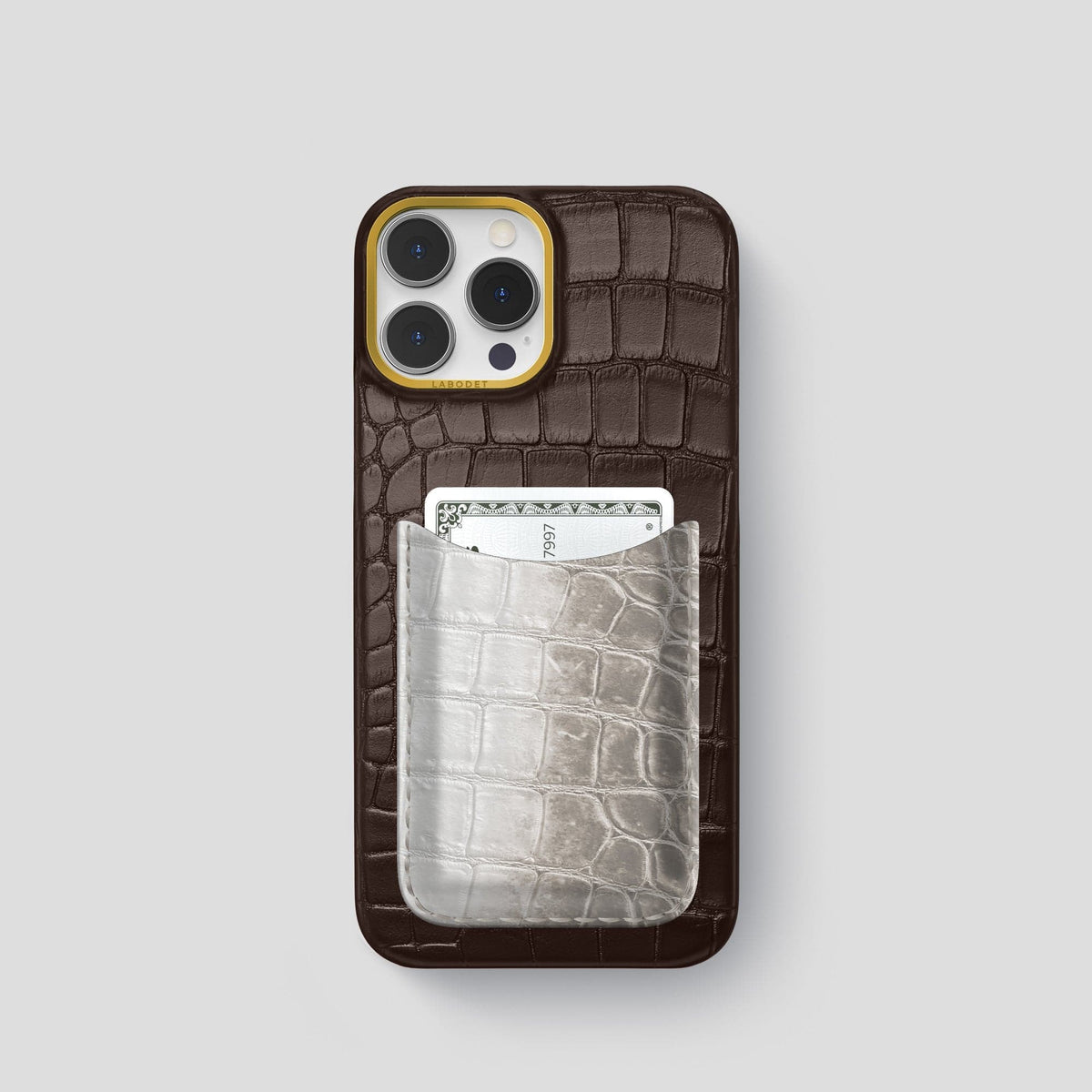 Dark-Brown iPhone 15 Pro Double Card Case Alligator & Himalayan Crocodile with Gold Metal -1 | Dark-Brown-Gold
