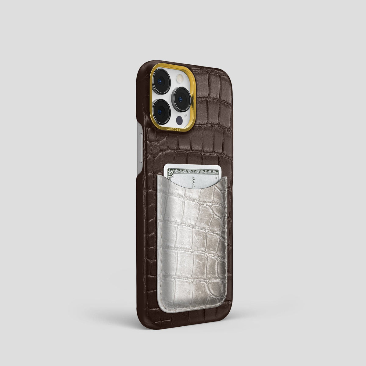 Dark-Brown iPhone 15 Pro Double Card Case Alligator & Himalayan Crocodile with Gold Metal -2 | Dark-Brown-Gold