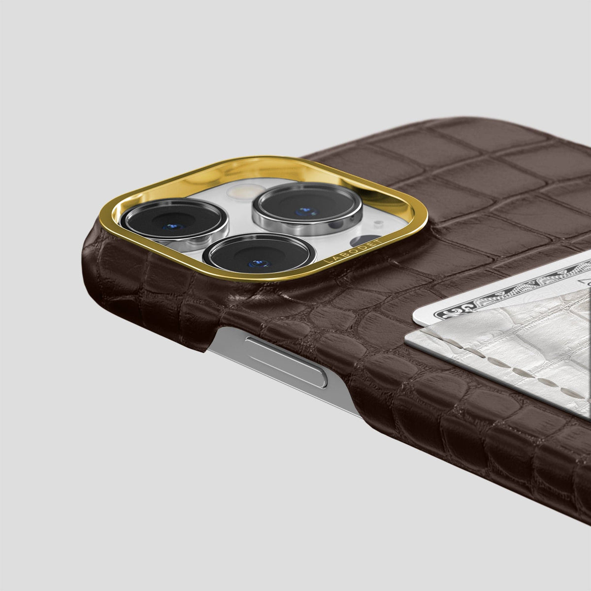 Dark-Brown iPhone 15 Pro Double Card Case Alligator & Himalayan Crocodile with Gold Metal -5 | Dark-Brown-Gold