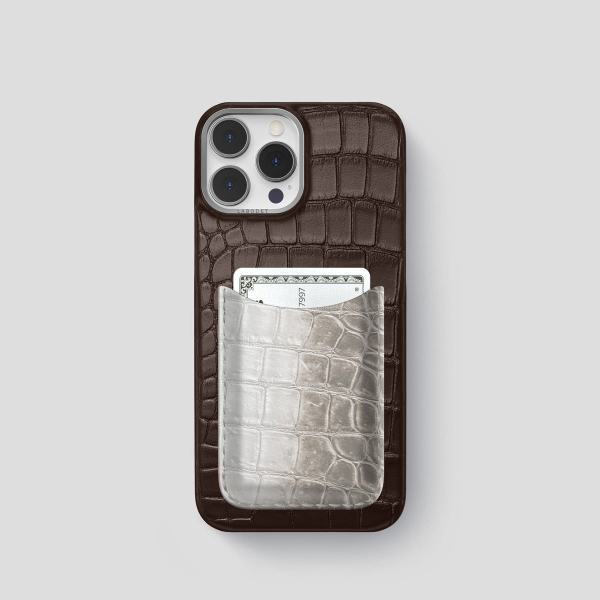 Dark-Brown iPhone 15 Pro Double Card Case Alligator & Himalayan Crocodile with Steel Metal -1 | Dark-Brown-Steel