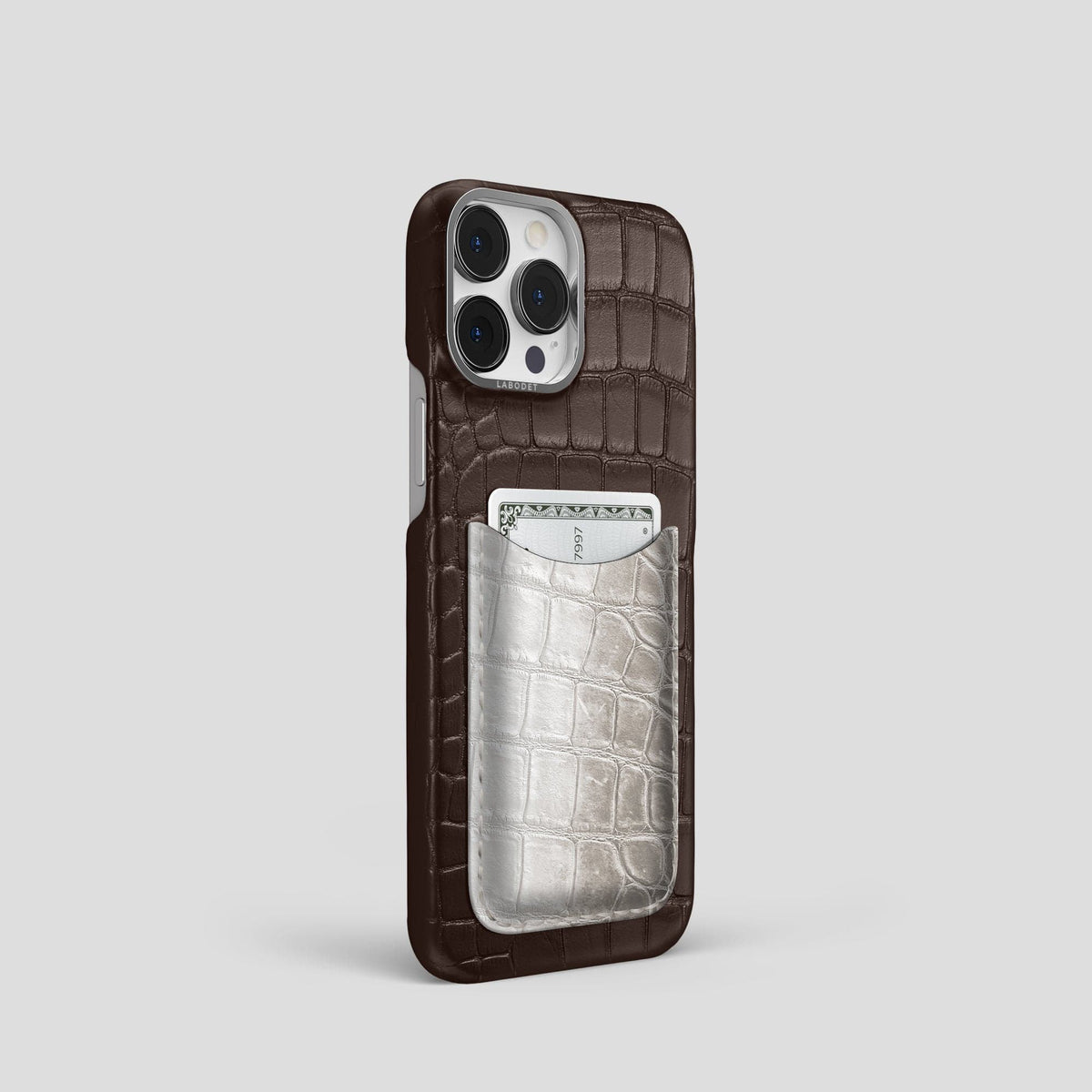 Dark-Brown iPhone 15 Pro Double Card Case Alligator & Himalayan Crocodile with Steel Metal -2 | Dark-Brown-Steel