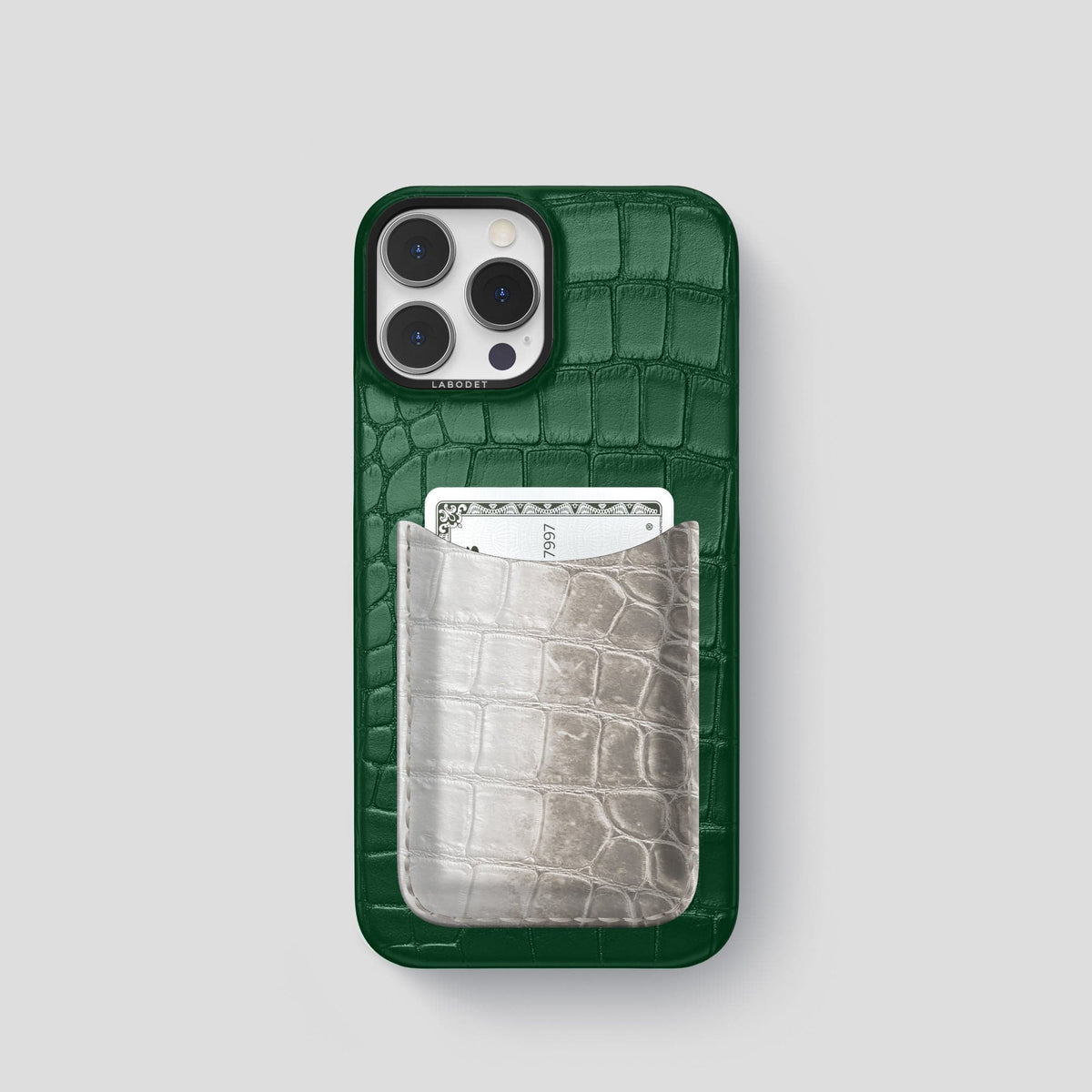 Forest-Green iPhone 15 Pro Double Card Case Alligator & Himalayan Crocodile with Black Metal -1 | Forest-Green-Black