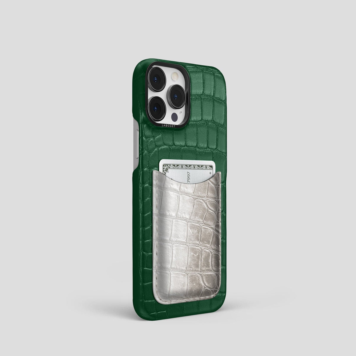 Forest-Green iPhone 15 Pro Double Card Case Alligator & Himalayan Crocodile with Black Metal -2 | Forest-Green-Black