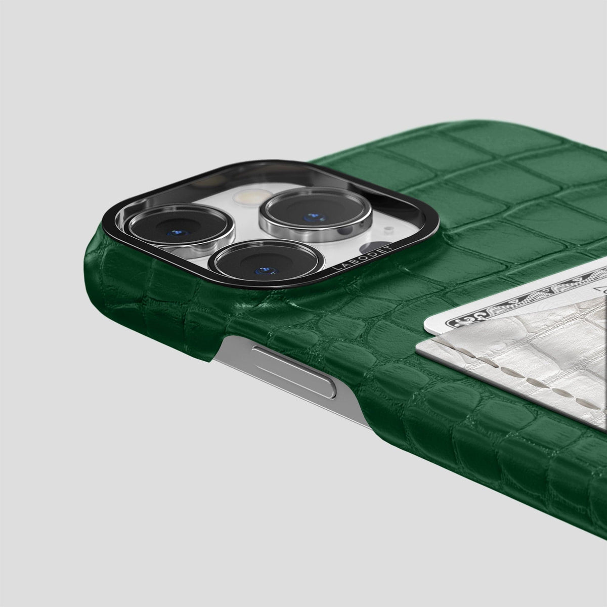 Forest-Green iPhone 15 Pro Double Card Case Alligator & Himalayan Crocodile with Black Metal -5 | Forest-Green-Black