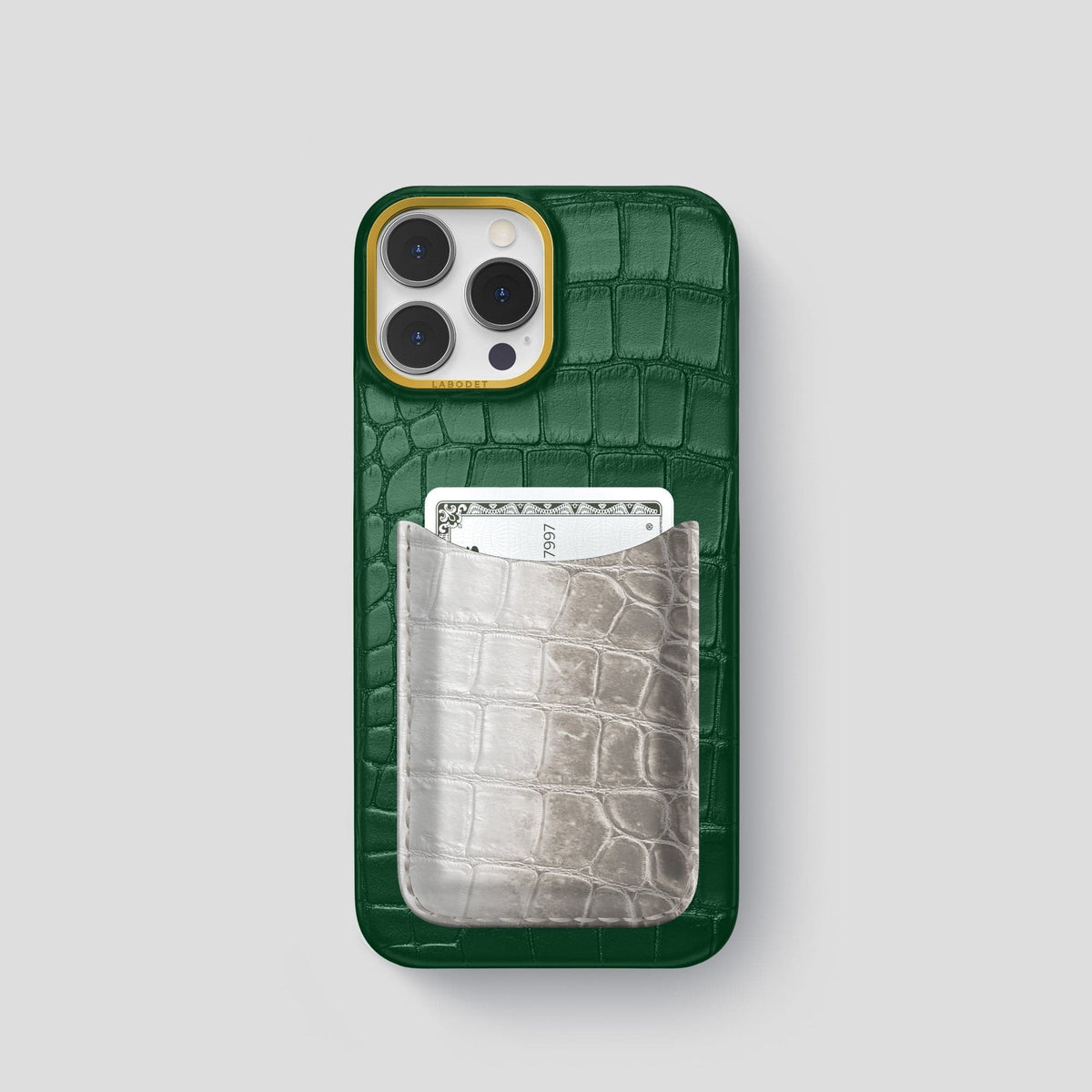 Forest-Green iPhone 15 Pro Double Card Case Alligator & Himalayan Crocodile with Gold Metal -1 | Forest-Green-Gold