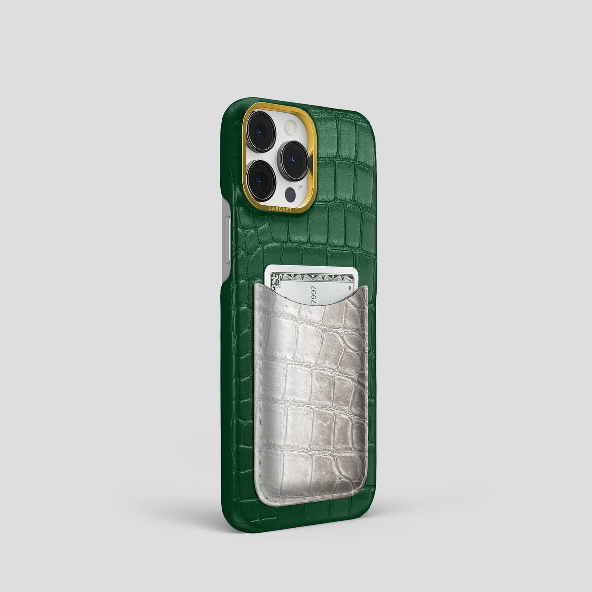 Forest-Green iPhone 15 Pro Double Card Case Alligator & Himalayan Crocodile with Gold Metal -2 | Forest-Green-Gold