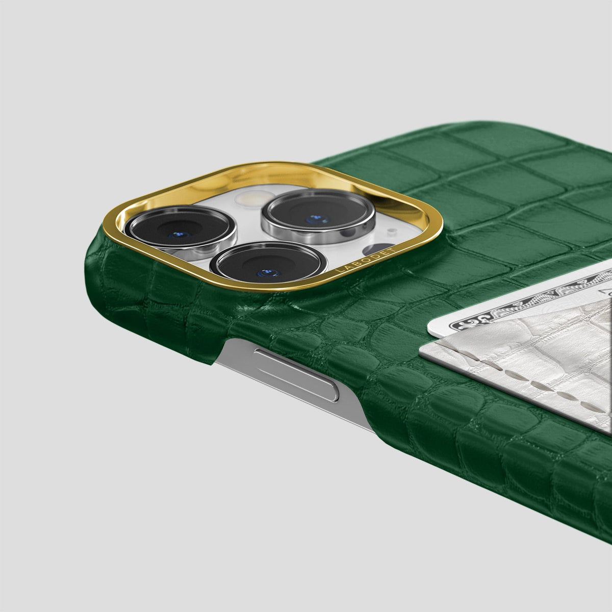 Forest-Green iPhone 15 Pro Double Card Case Alligator & Himalayan Crocodile with Gold Metal -5 | Forest-Green-Gold