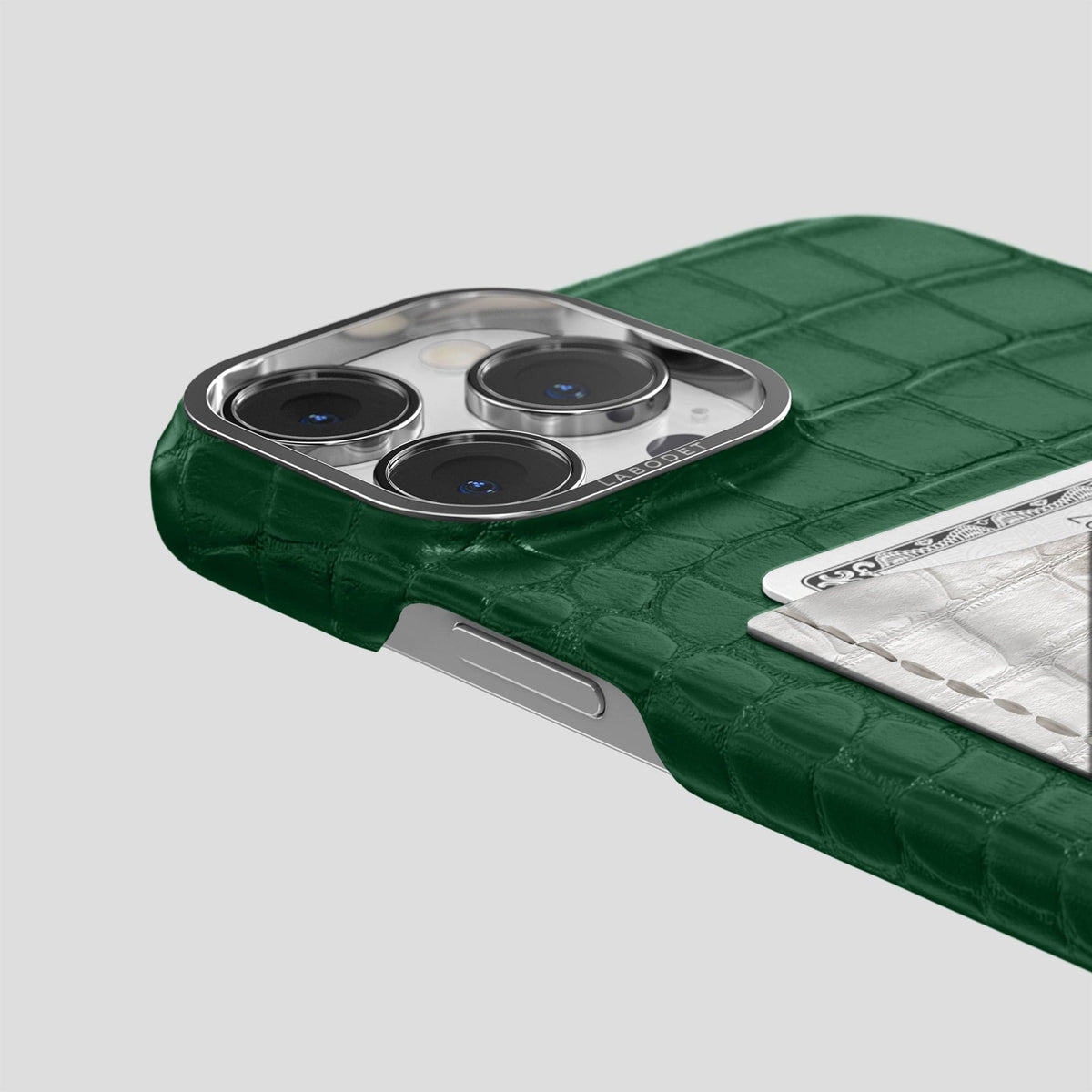 Forest-Green iPhone 15 Pro Double Card Case Alligator & Himalayan Crocodile with Steel Metal -5 | Forest-Green-Steel