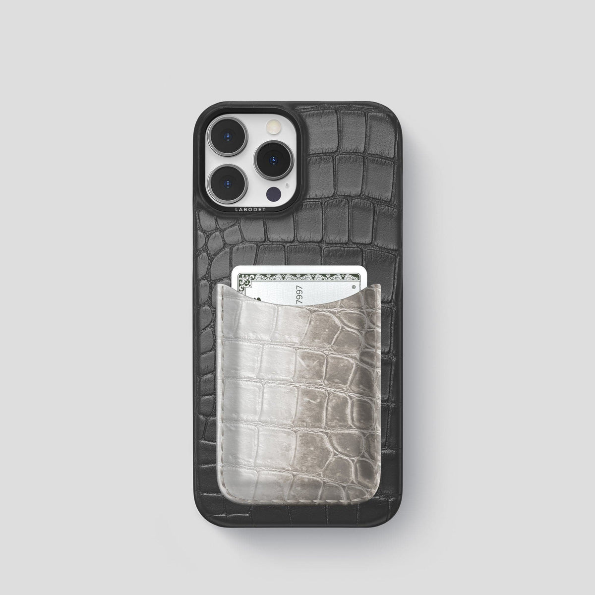 Grey iPhone 15 Pro Double Card Case Alligator & Himalayan Crocodile with Black Metal -1 | Grey-Black