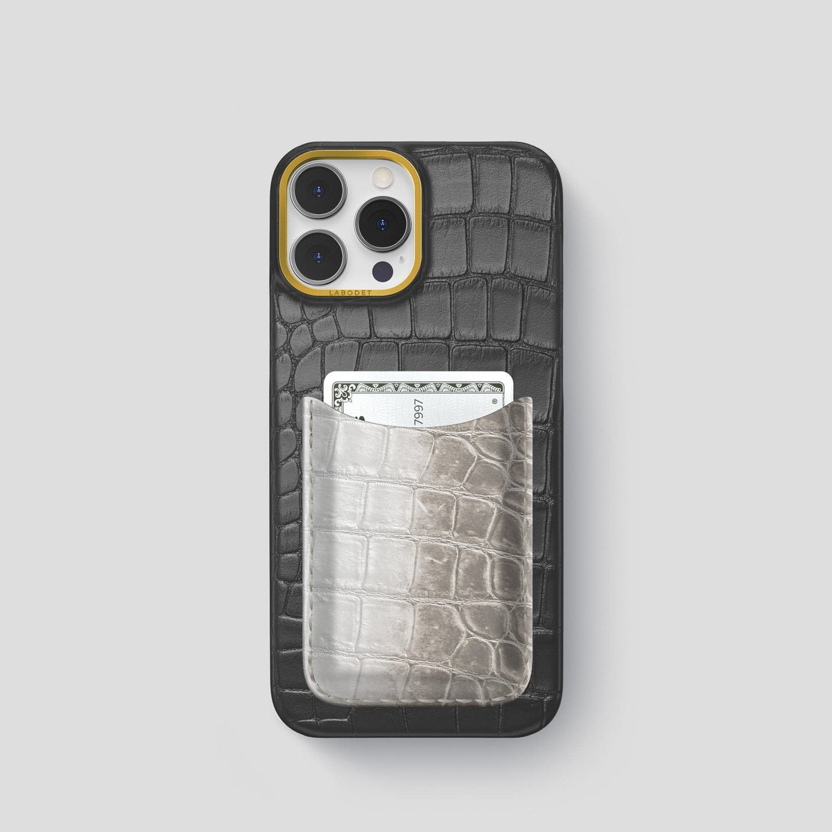 Grey iPhone 15 Pro Double Card Case Alligator & Himalayan Crocodile with Gold Metal -1 | Grey-Gold