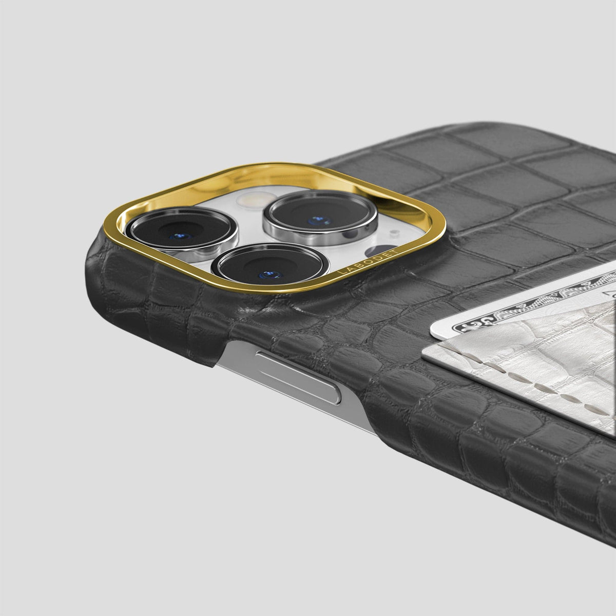 Grey iPhone 15 Pro Double Card Case Alligator & Himalayan Crocodile with Gold Metal -5 | Grey-Gold