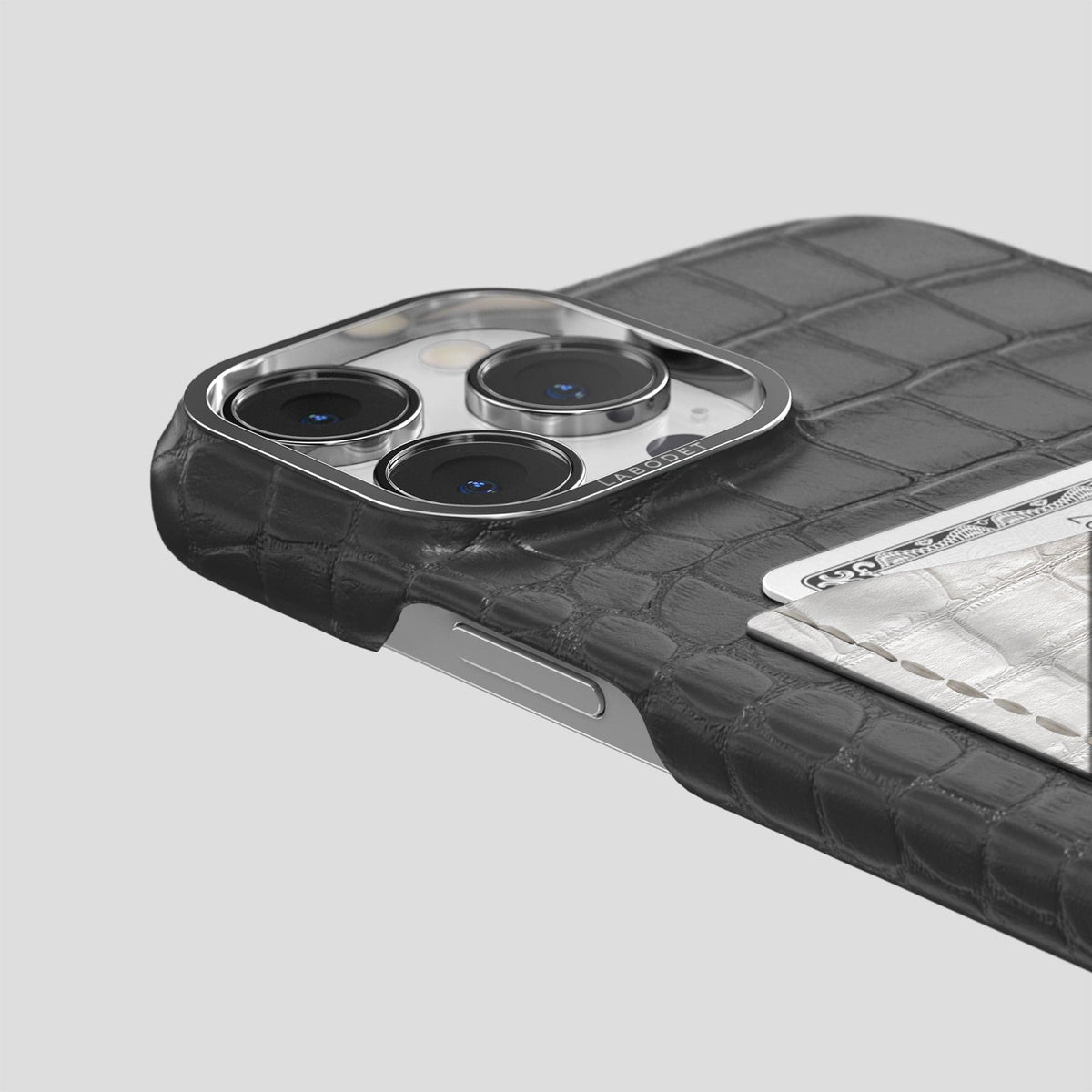 Grey iPhone 15 Pro Double Card Case Alligator & Himalayan Crocodile with Steel Metal -5 | Grey-Steel