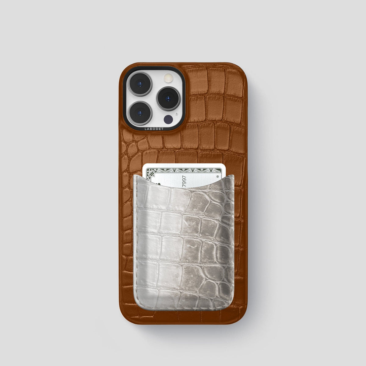 Honey iPhone 15 Pro Double Card Case Alligator & Himalayan Crocodile with Black Metal -1 | Honey-Black