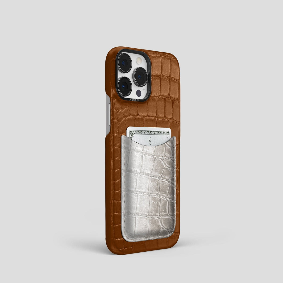 Honey iPhone 15 Pro Double Card Case Alligator & Himalayan Crocodile with Black Metal -2 | Honey-Black