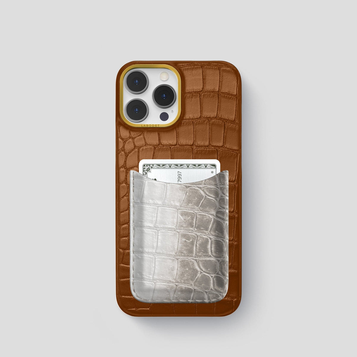 Honey iPhone 15 Pro Double Card Case Alligator & Himalayan Crocodile with Gold Metal -1 | Honey-Gold