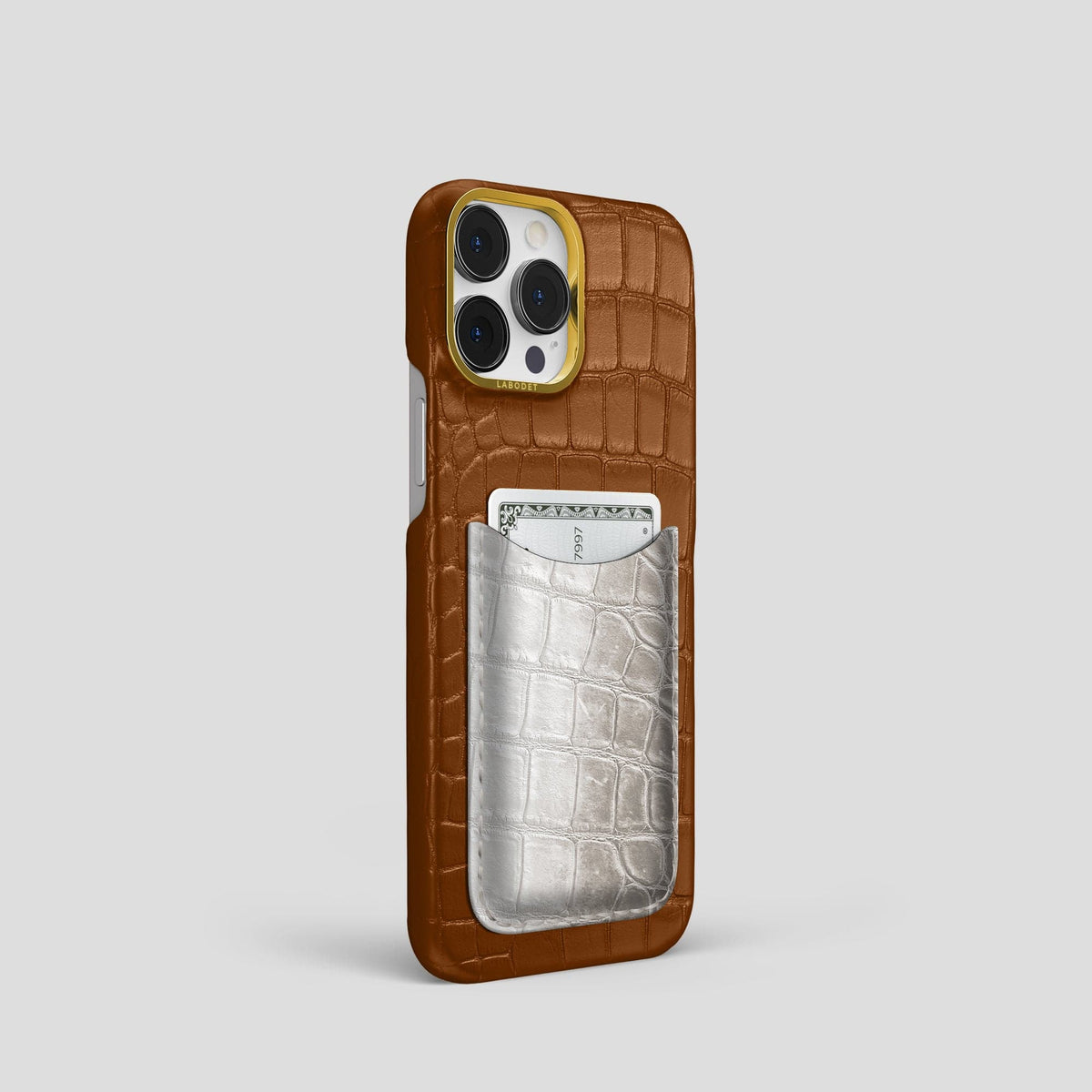 Honey iPhone 15 Pro Double Card Case Alligator & Himalayan Crocodile with Gold Metal -2 | Honey-Gold