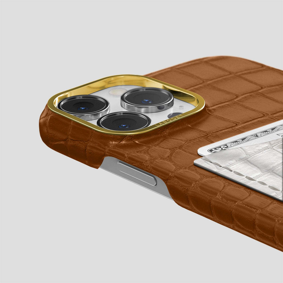 Honey iPhone 15 Pro Double Card Case Alligator & Himalayan Crocodile with Gold Metal -5 | Honey-Gold