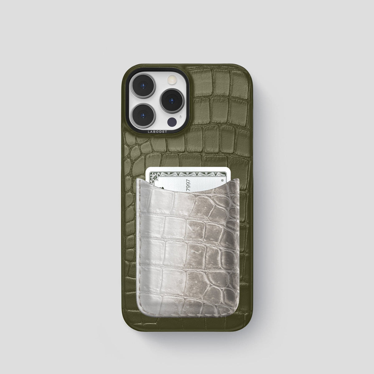 Kaki-Green iPhone 15 Pro Double Card Case Alligator & Himalayan Crocodile with Black Metal -1 | Kaki-Green-Black