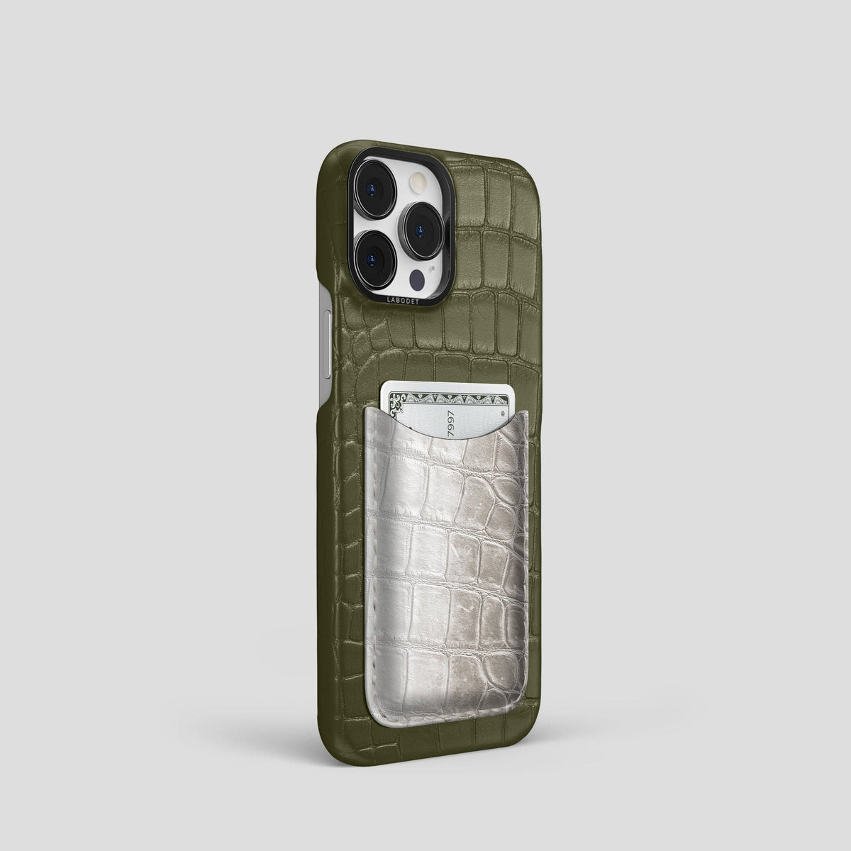Kaki-Green iPhone 15 Pro Double Card Case Alligator & Himalayan Crocodile with Black Metal -2 | Kaki-Green-Black