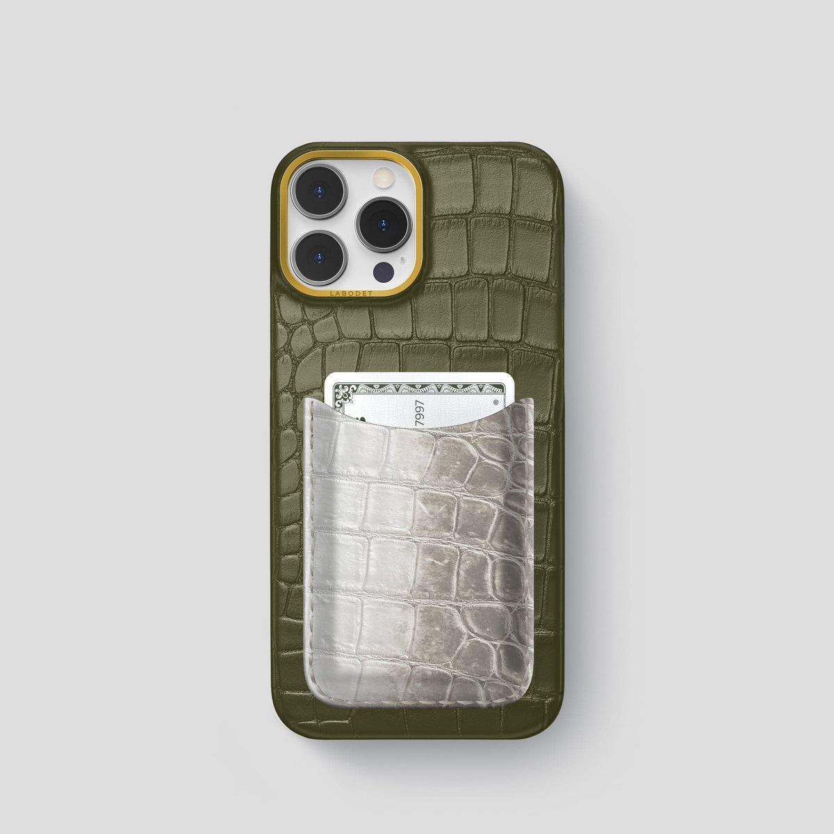 Kaki-Green iPhone 15 Pro Double Card Case Alligator & Himalayan Crocodile with Gold Metal -1 | Kaki-Green-Gold