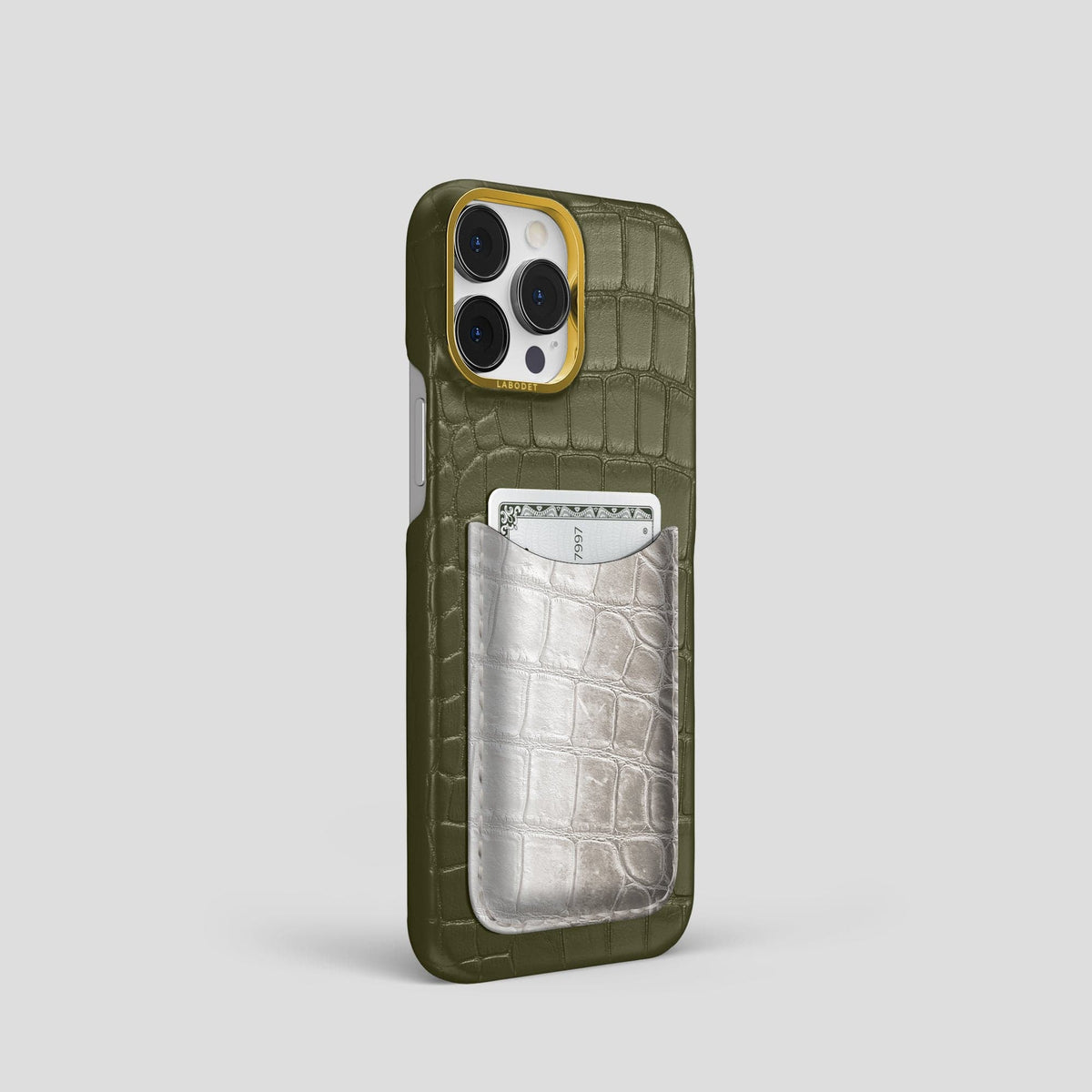 Kaki-Green iPhone 15 Pro Double Card Case Alligator & Himalayan Crocodile with Gold Metal -2 | Kaki-Green-Gold