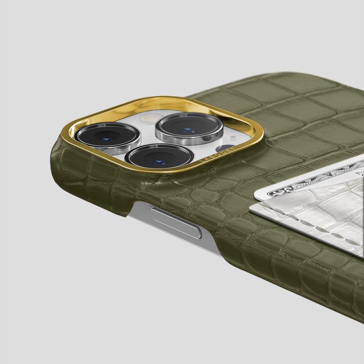 Kaki-Green iPhone 15 Pro Double Card Case Alligator & Himalayan Crocodile with Gold Metal -5 | Kaki-Green-Gold