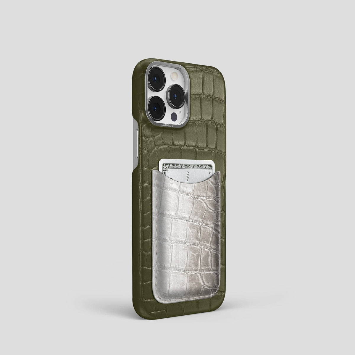 Kaki-Green iPhone 15 Pro Double Card Case Alligator & Himalayan Crocodile with Steel Metal -2 | Kaki-Green-Steel