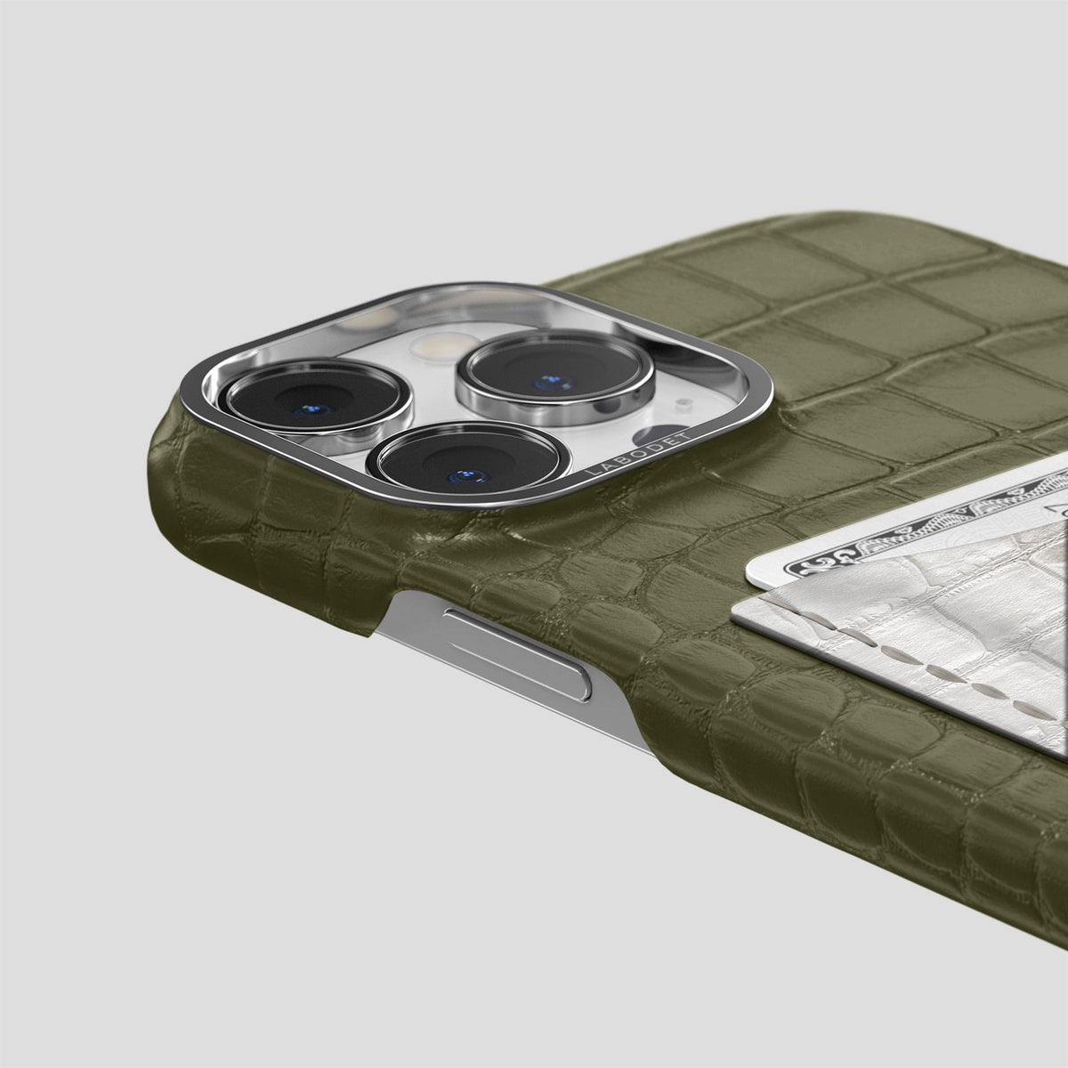 Kaki-Green iPhone 15 Pro Double Card Case Alligator & Himalayan Crocodile with Steel Metal -5 | Kaki-Green-Steel