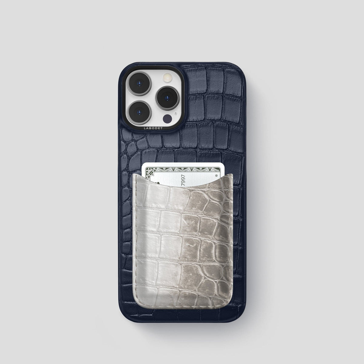 Navy Blue iPhone 15 Pro Double Card Case Alligator & Himalayan Crocodile with Black Metal -1 | Navy-Blue-Black