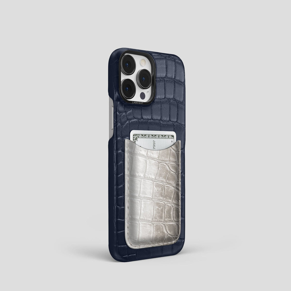 Navy Blue iPhone 15 Pro Double Card Case Alligator & Himalayan Crocodile with Black Metal -2 | Navy-Blue-Black