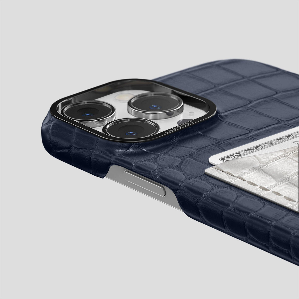 Navy Blue iPhone 15 Pro Double Card Case Alligator & Himalayan Crocodile with Black Metal -5 | Navy-Blue-Black