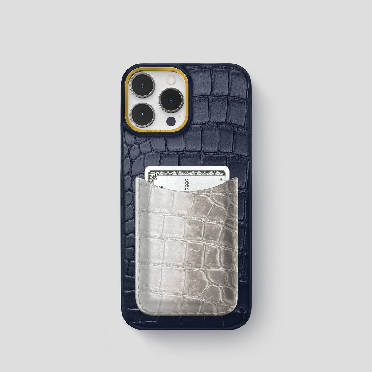 Navy Blue iPhone 15 Pro Double Card Case Alligator & Himalayan Crocodile with Gold Metal -1 | Navy-Blue-Gold