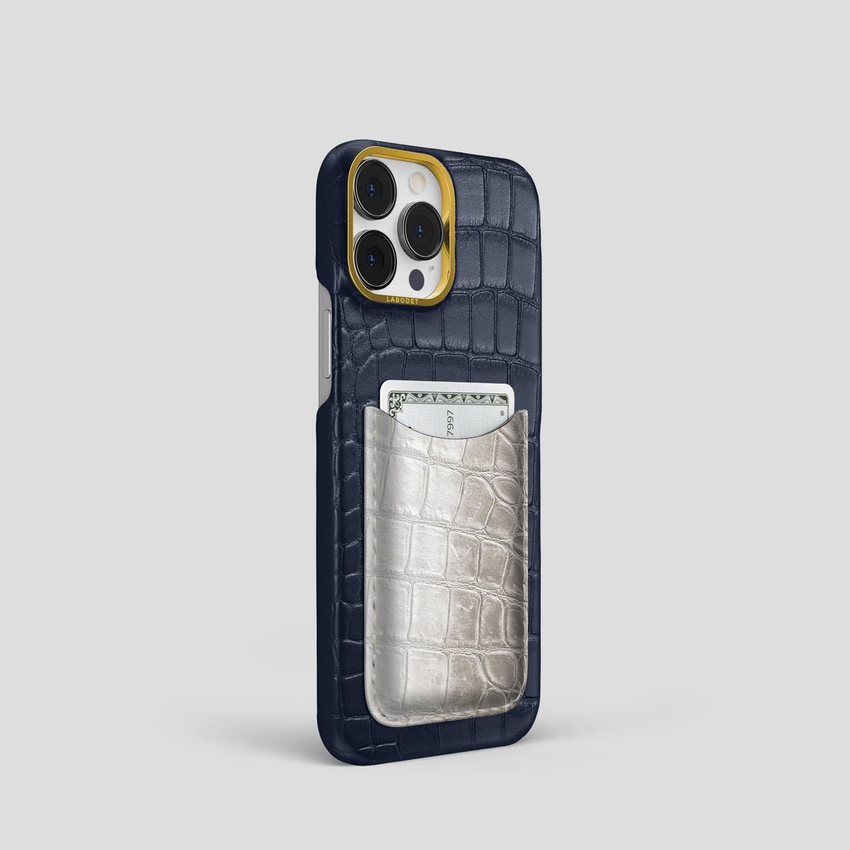 Navy Blue iPhone 15 Pro Double Card Case Alligator & Himalayan Crocodile with Gold Metal -2 | Navy-Blue-Gold