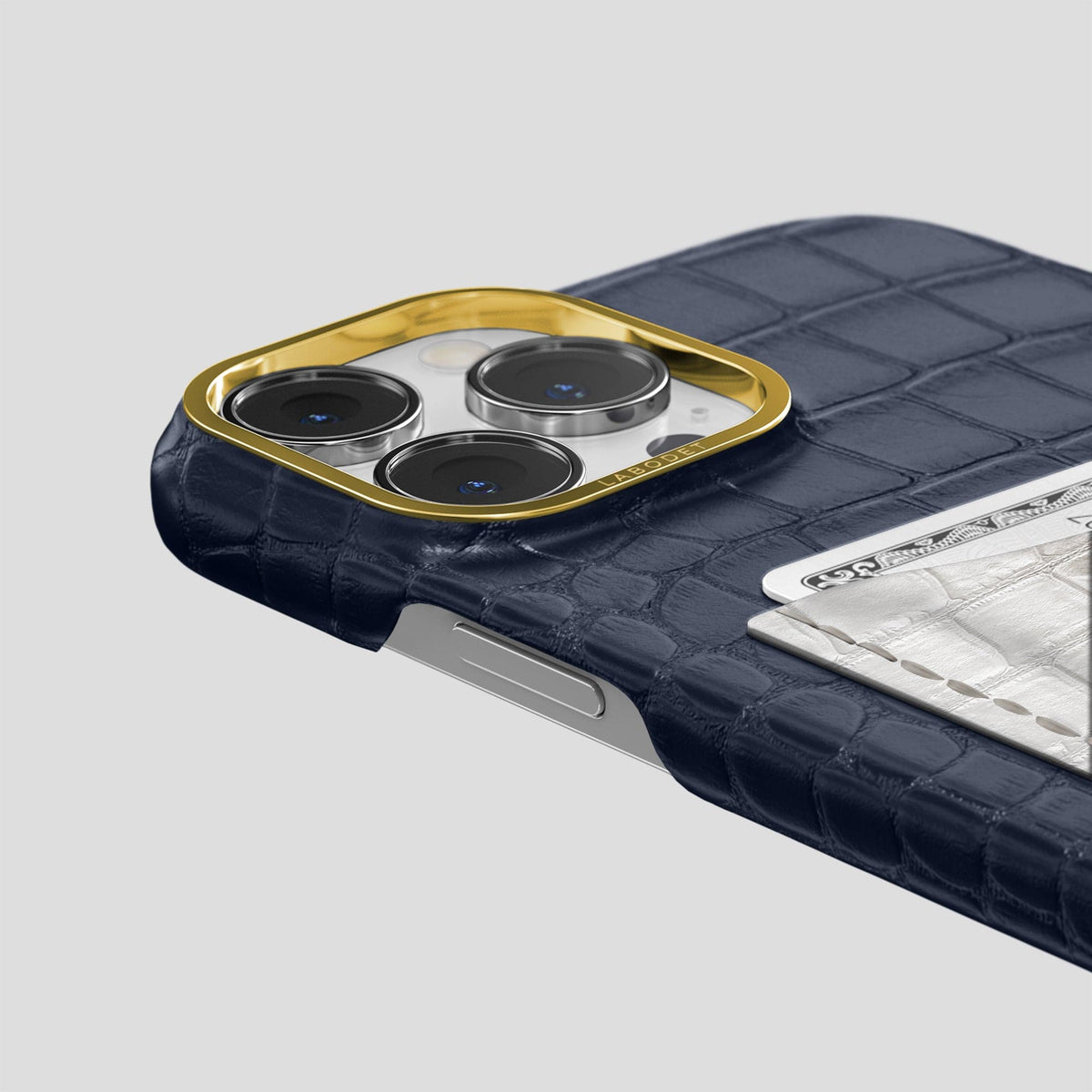 Navy Blue iPhone 15 Pro Double Card Case Alligator & Himalayan Crocodile with Gold Metal -5 | Navy-Blue-Gold