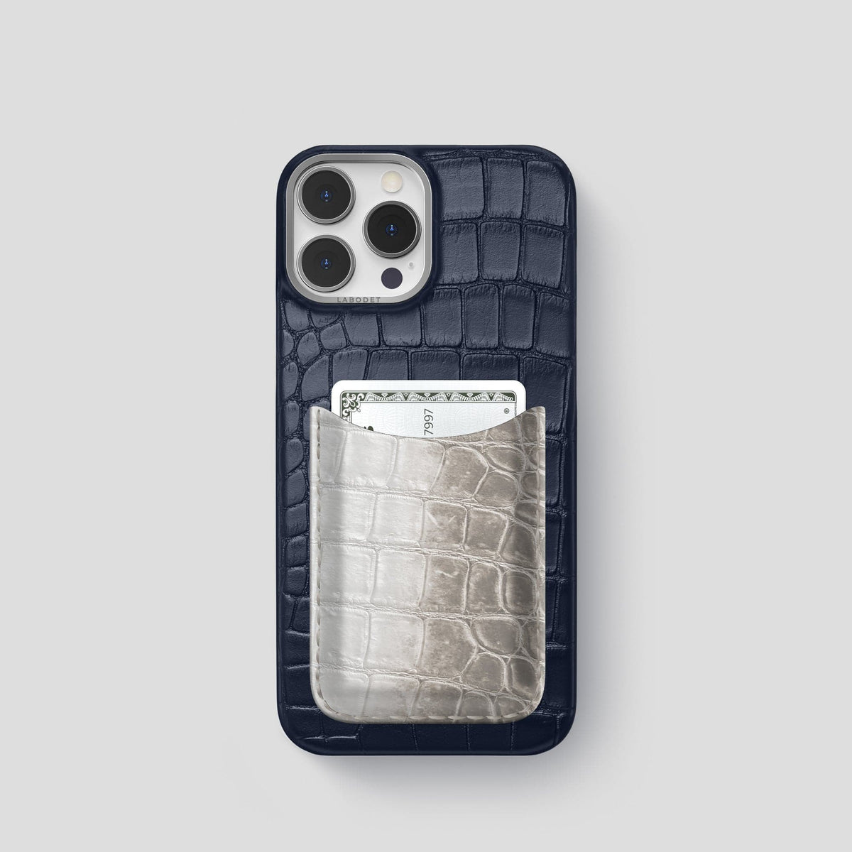 Navy Blue iPhone 15 Pro Double Card Case Alligator & Himalayan Crocodile with Steel Metal -1 | Navy-Blue-Steel