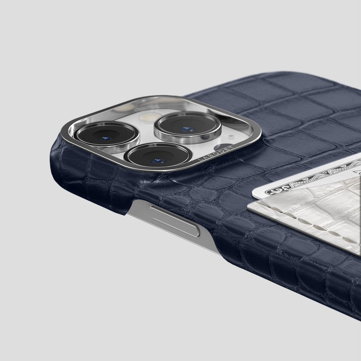 Navy Blue iPhone 15 Pro Double Card Case Alligator & Himalayan Crocodile with Steel Metal -5 | Navy-Blue-Steel