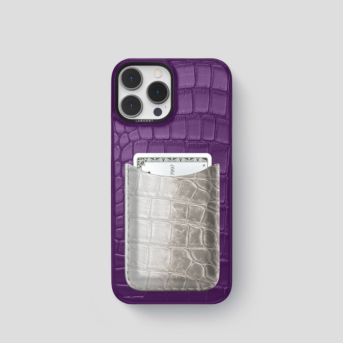 Purple iPhone 15 Pro Double Card Case Alligator & Himalayan Crocodile with Black Metal -1 | Purple-Black