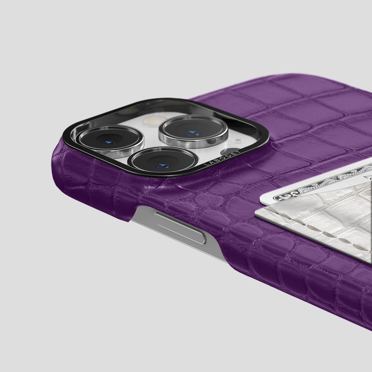 Purple iPhone 15 Pro Double Card Case Alligator & Himalayan Crocodile with Black Metal -5 | Purple-Black