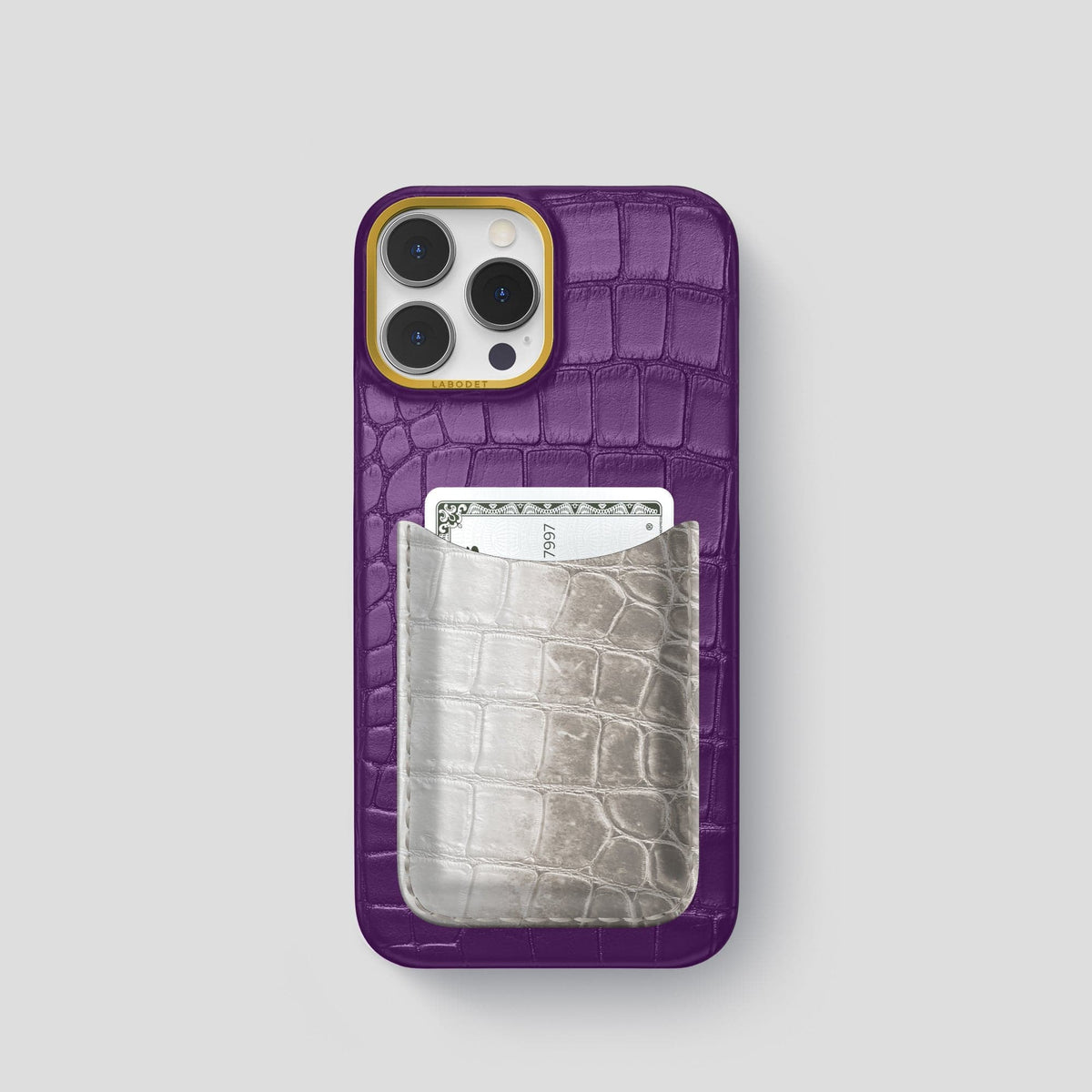 Purple iPhone 15 Pro Double Card Case Alligator & Himalayan Crocodile with Gold Metal -1 | Purple-Gold