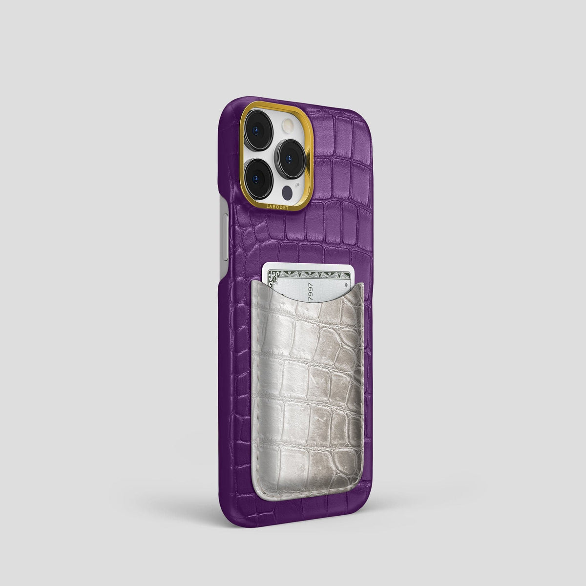 Purple iPhone 15 Pro Double Card Case Alligator & Himalayan Crocodile with Gold Metal -2 | Purple-Gold