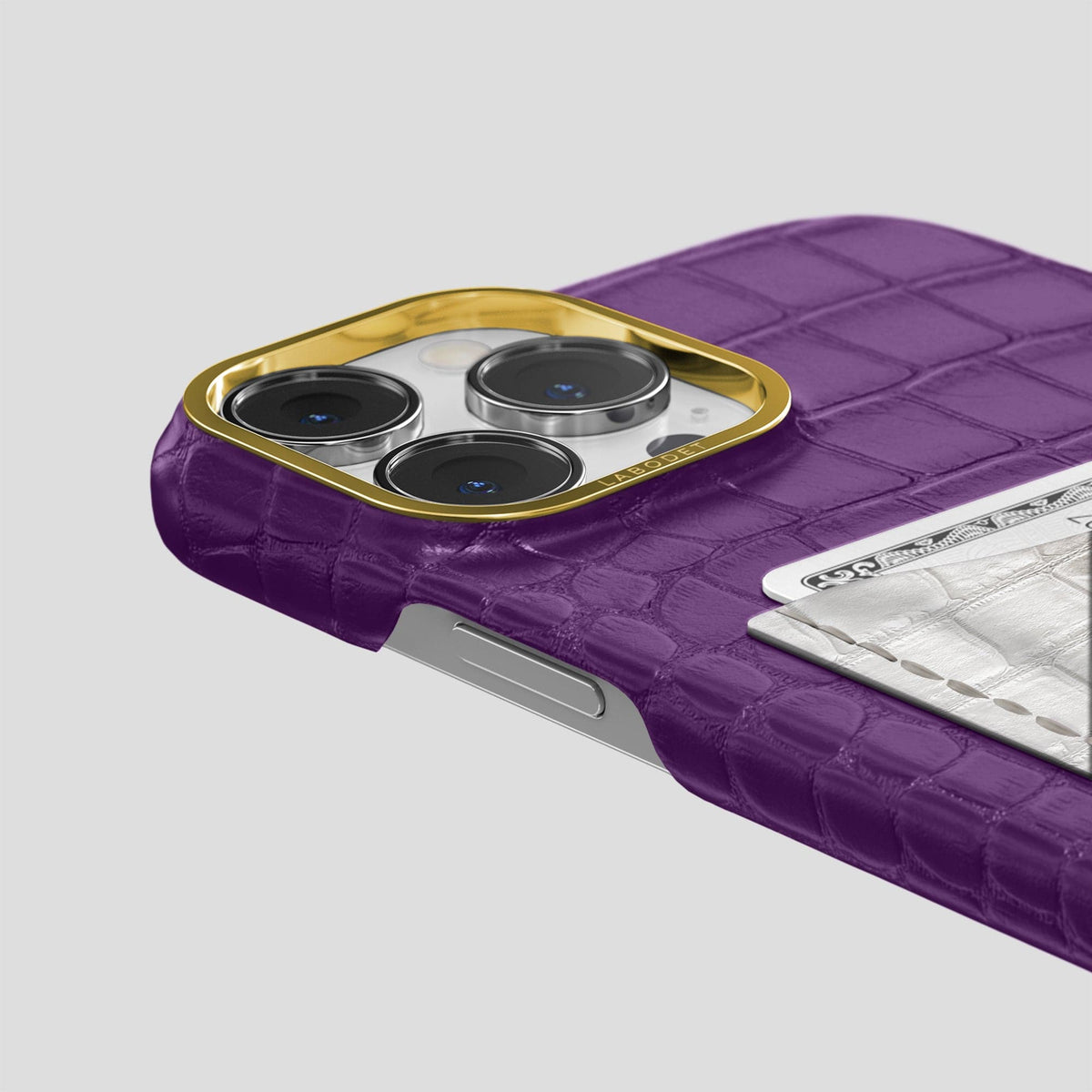 Purple iPhone 15 Pro Double Card Case Alligator & Himalayan Crocodile with Gold Metal -5 | Purple-Gold