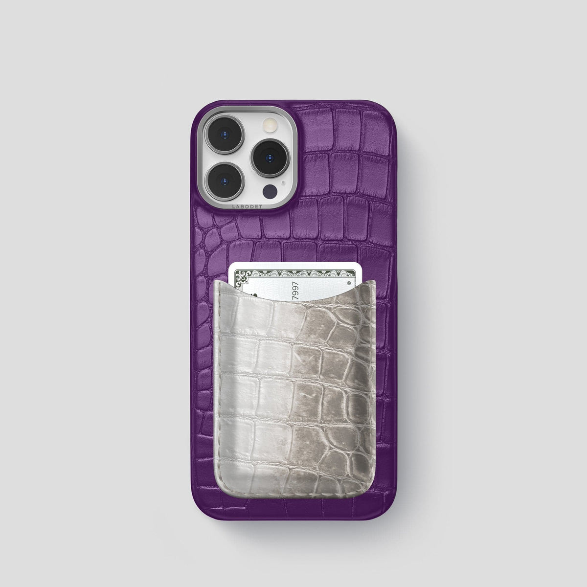 Purple iPhone 15 Pro Double Card Case Alligator & Himalayan Crocodile with Steel Metal -1 | Purple-Steel
