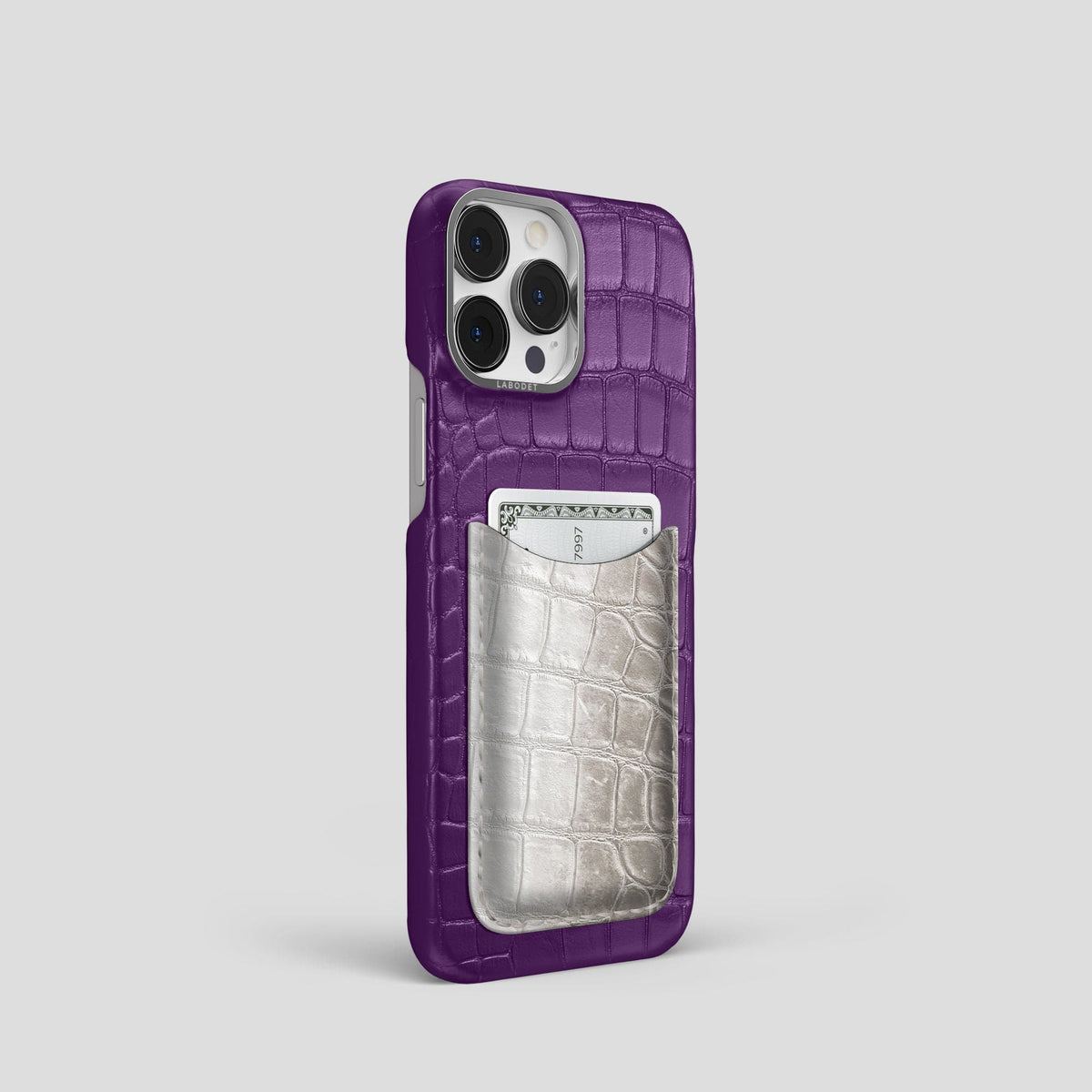 Purple iPhone 15 Pro Double Card Case Alligator & Himalayan Crocodile with Steel Metal -2 | Purple-Steel