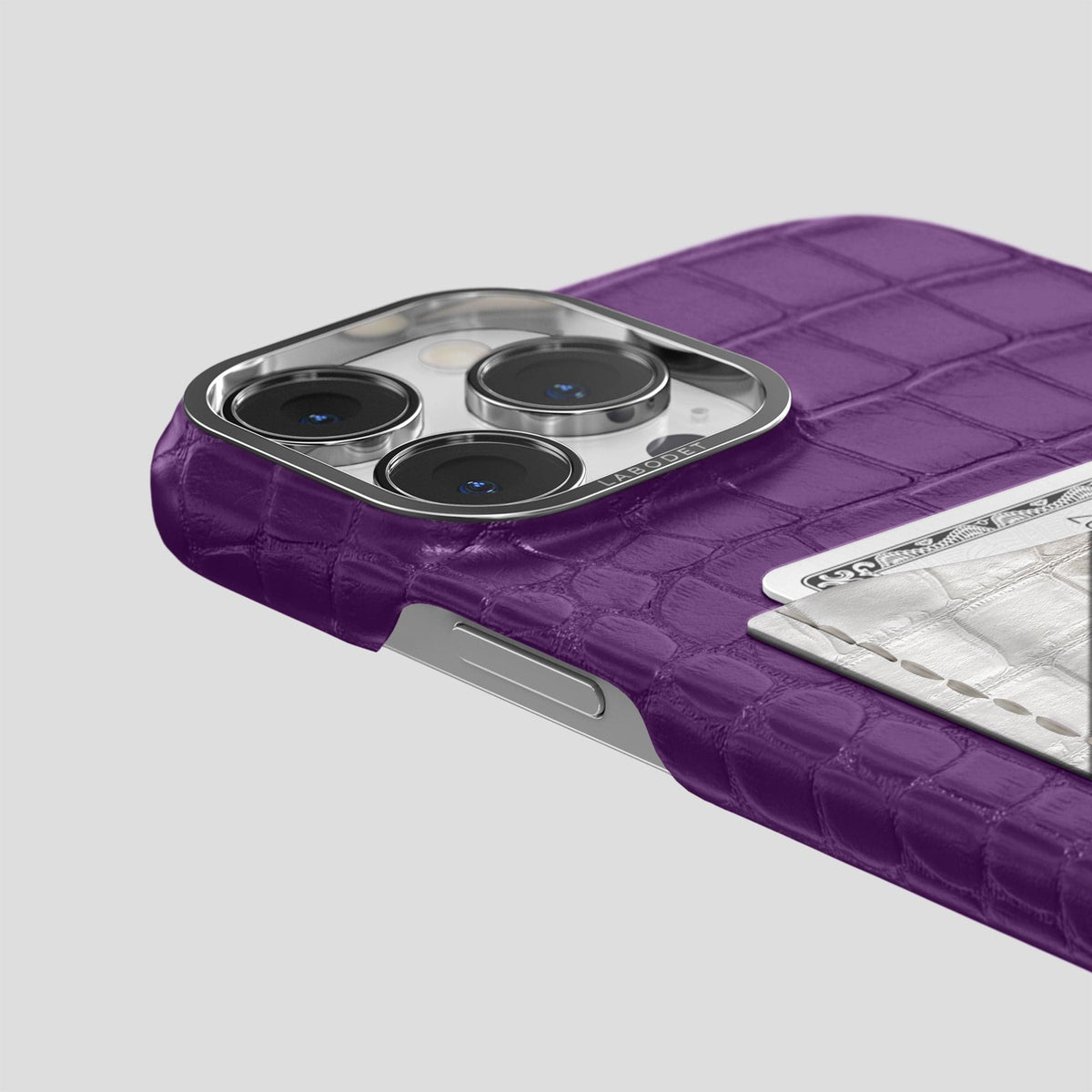 Purple iPhone 15 Pro Double Card Case Alligator & Himalayan Crocodile with Steel Metal -5 | Purple-Steel