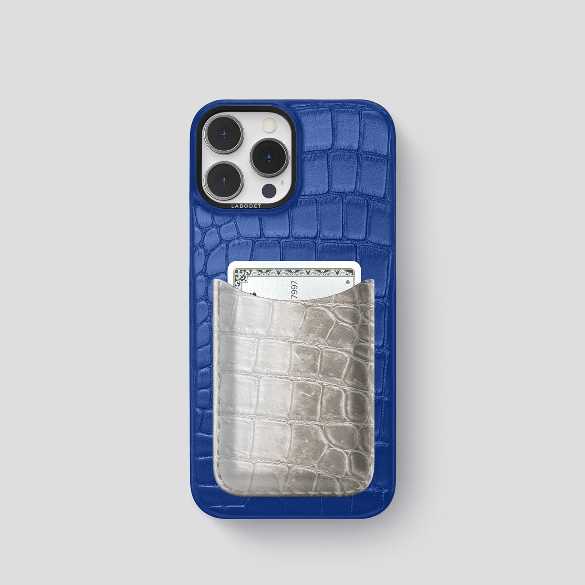 Royal Blue iPhone 15 Pro Double Card Case Alligator & Himalayan Crocodile with Black Metal -1 | Royal-Blue-Black